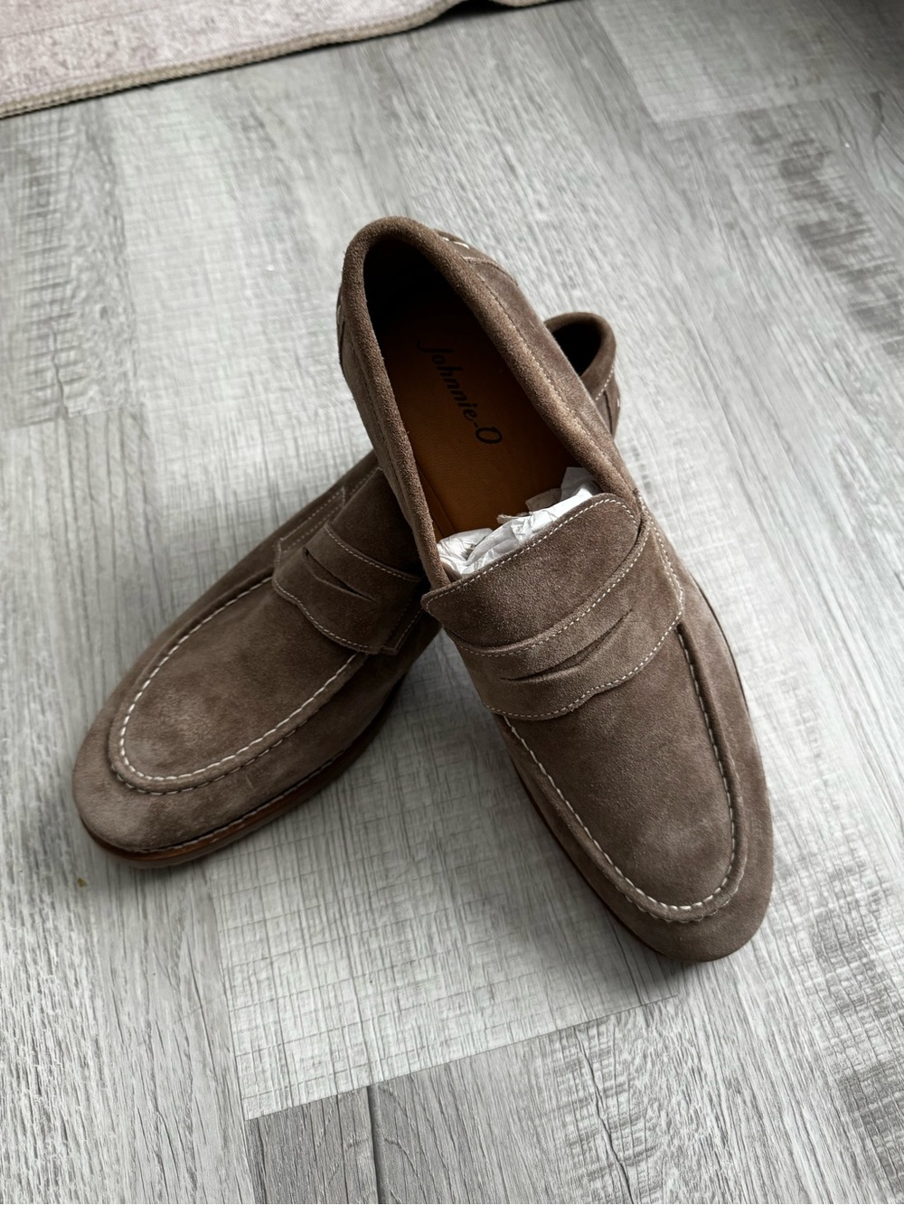 johnnie-O Taupe Suede Penny Loafers